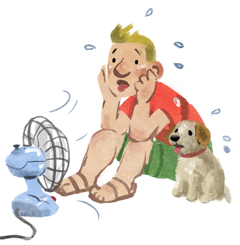 A man and a puppy sitting in front of a fan